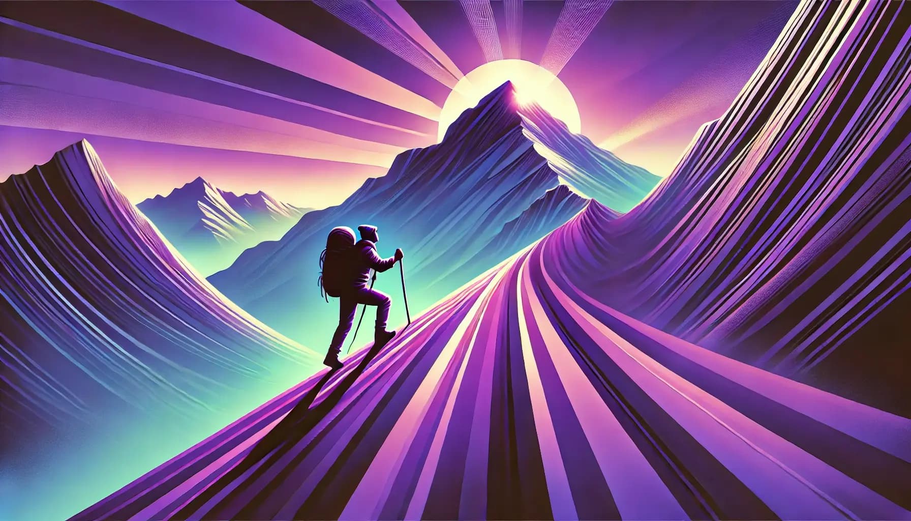 DALL·E 2024-11-02 10.43.14 - A vibrant, modern image of a person hiking toward the top of a mountain. The scene is in various shades of purple, with .webp