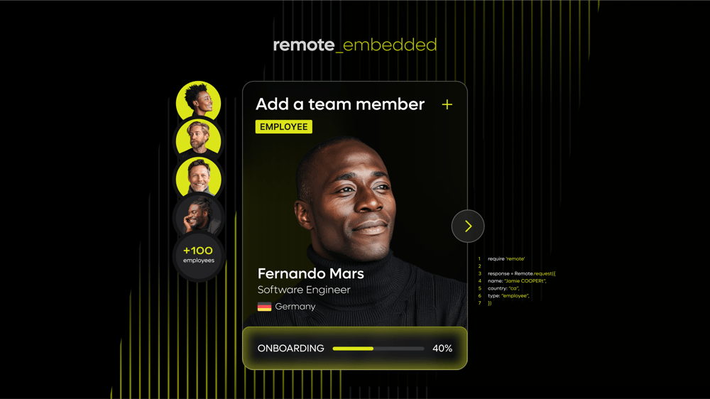 Illustration of Remote Embedded platform interface showing a new international employee onboarding screen, with progress bar at 40% and employee profile from Germany. Visual represents embedded HR tech simplifying global hiring and team scaling.