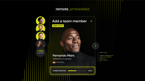 Illustration of Remote Embedded platform interface showing a new international employee onboarding screen, with progress bar at 40% and employee profile from Germany. Visual represents embedded HR tech simplifying global hiring and team scaling.