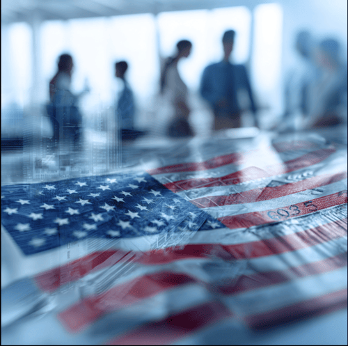 an abstract image of office workers in the background alongside the US flag
