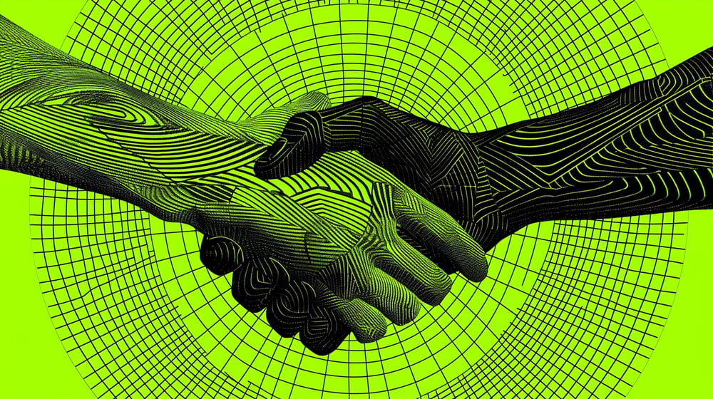 A black and neon green illustration of two stylized hands shaking, set against a warped grid background. The image symbolizes mutual support, trust, and solidarity — a visual representation of global LGBTQ+ inclusion and allyship.