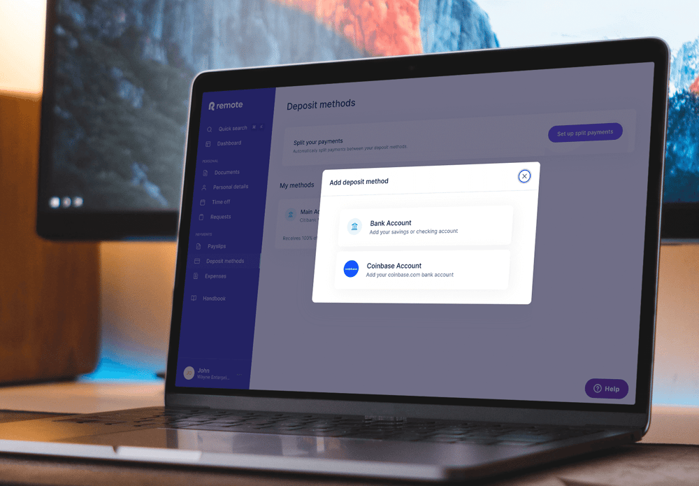 Employee setting up split salary payments between bank account and crypto on the Remote platform