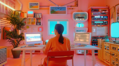 A woman recruiting remote workers in her colorful home office
