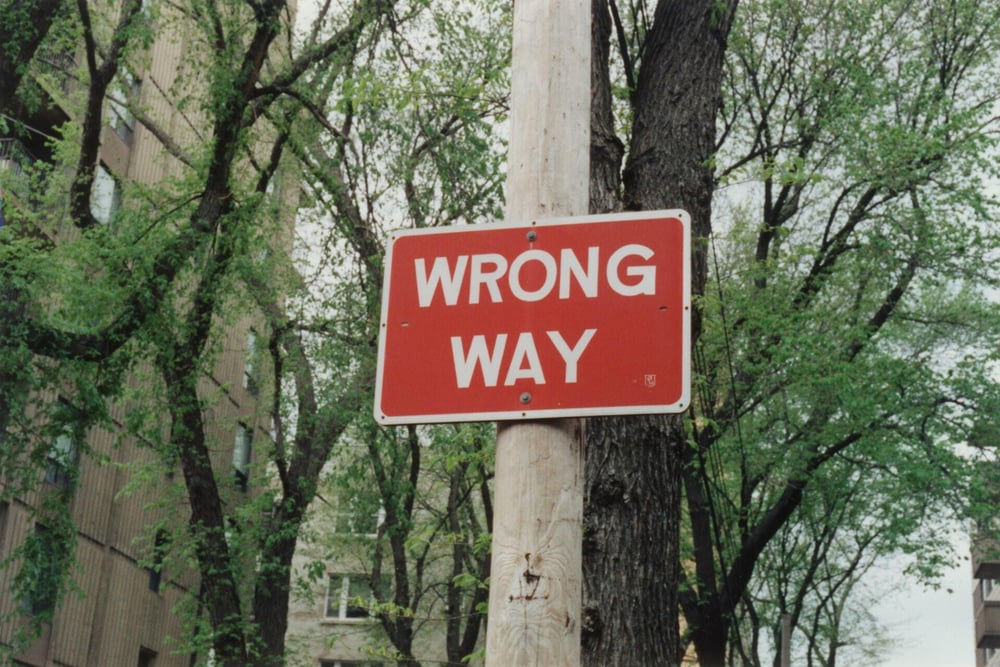 A wrong way sign among trees tells you to consider your approach!