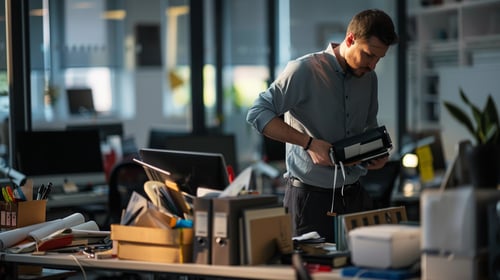 Employer in modern office preparing severance pay documents, calculating severance pay for staff