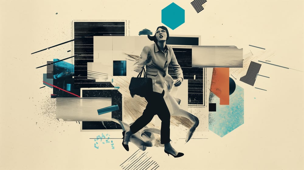 Collage image of businesswoman balancing flexibility and stability
