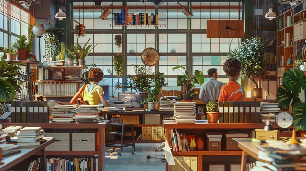 A busy office space with both exempt and non-exempt employees facing their work stations. 