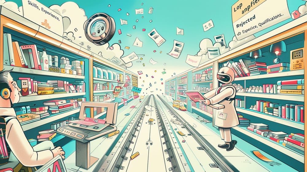 Futuristic conveyor belt processing job applications in a hiring marketplace