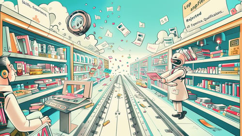 Futuristic conveyor belt processing job applications in a hiring marketplace