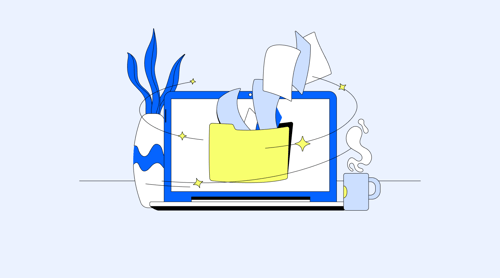  Illustration of a laptop organizing digital documents and files representing HR document management software.