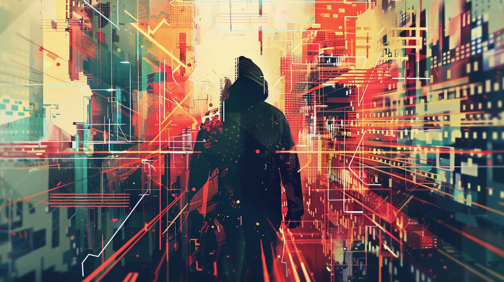 Cybersecurity professional protecting payroll security with digital overlay and network visualization