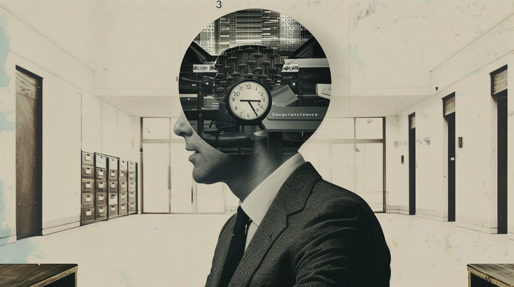 Surreal office worker silhouette with clock and filing cabinets