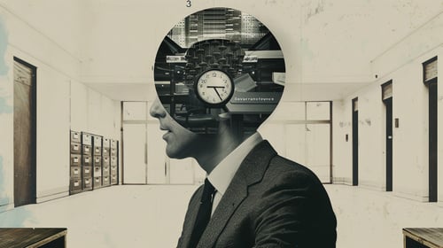 Surreal office worker silhouette with clock and filing cabinets