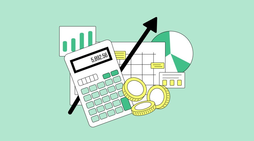 employee expense report illustration showing calculator, financial charts, and business expense tracking.