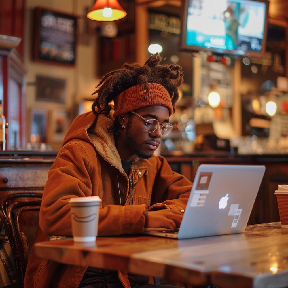 Freelancer working remotely on a laptop in a café while completing online project work.