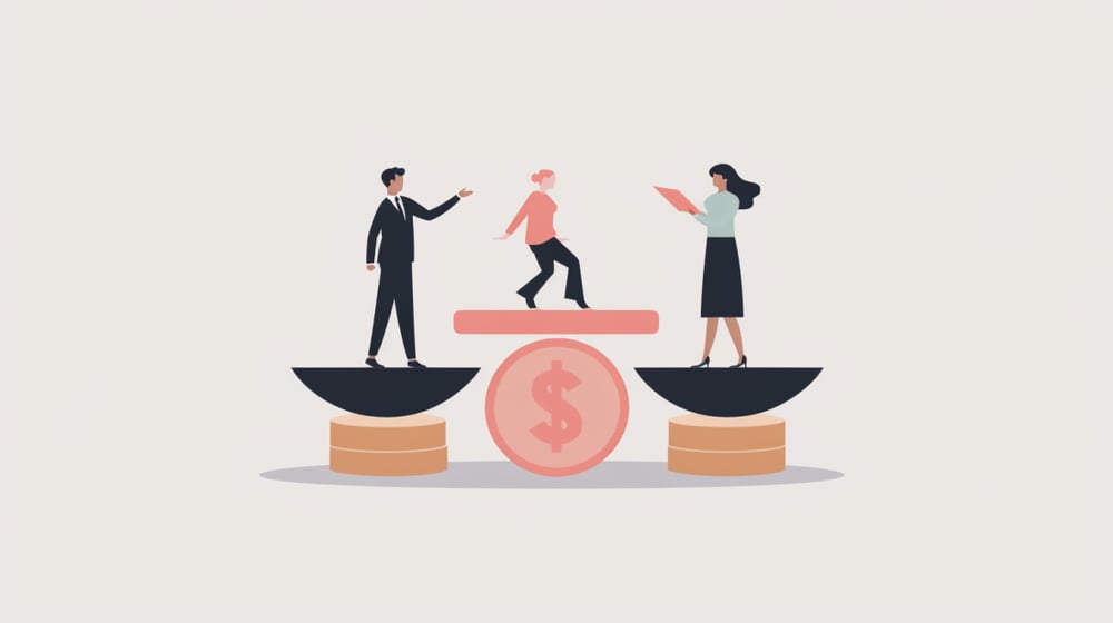 Illustration of employees balancing on scales with a dollar symbol representing pay transparency and fair compensation.