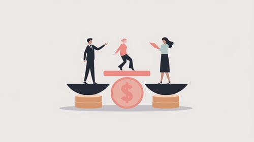Illustration of employees balancing on scales with a dollar symbol representing pay transparency and fair compensation.