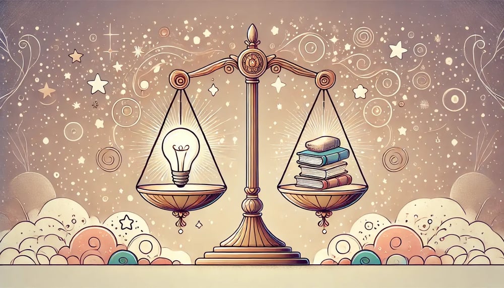  Illustration of a balance scale with a lightbulb on one side and stacked books on the other, representing balanced performance feedback and knowledge.