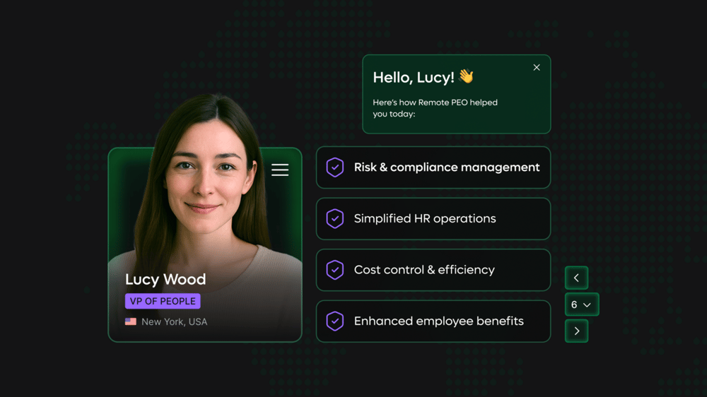 Remote's PEO product screenshot showing a list of PEO features along with a headshot