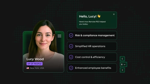 Remote's PEO product screenshot showing a list of PEO features along with a headshot