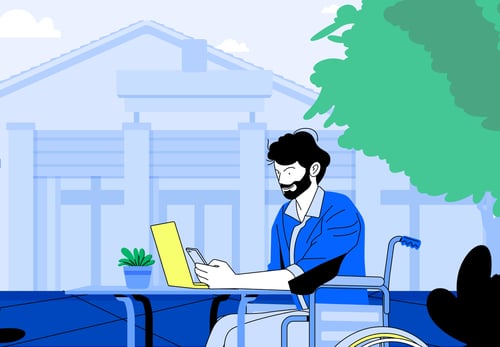 Illustration of an employee working outdoors in a wheelchair, representing flexible leave management and employee wellbeing.