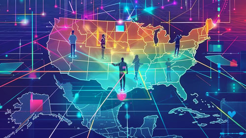 Conceptual illustration of a businessperson sending glowing payment streams across a colorful US map, connecting to employees in different states and environments.