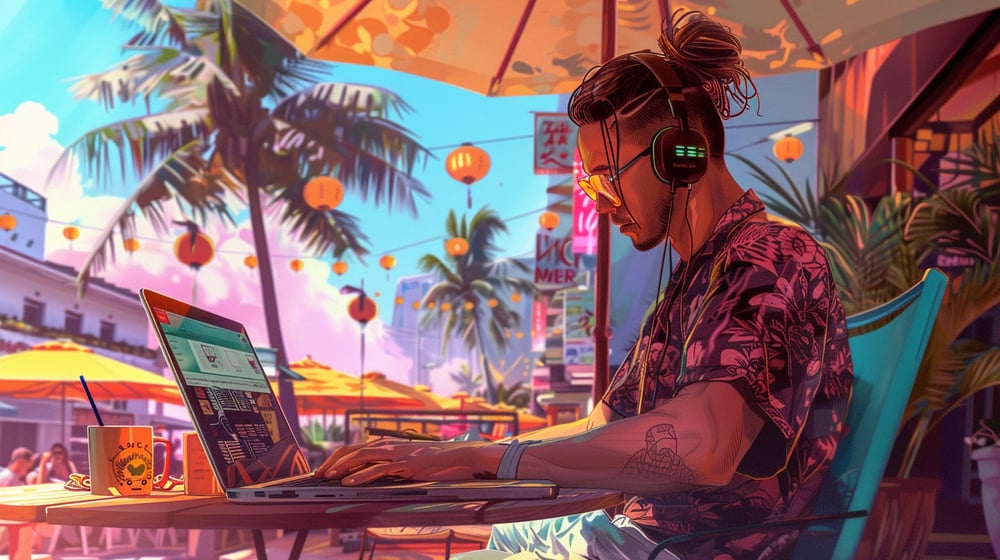 Realistic illustration of a digital nomad working on a laptop in a vibrant outdoor setting, surrounded by bold colors and travel elements like palm trees, coffee, and bright scenery.