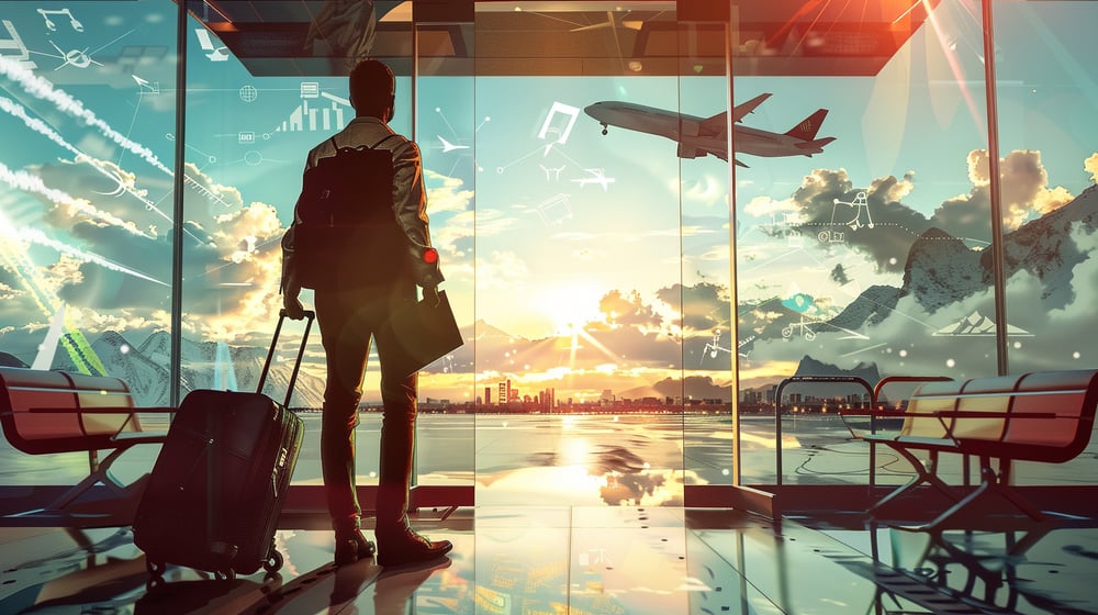 Realistic illustration of a modern employee at an airport, surrounded by vivid, contrasting landscapes that represent moving from one country to another.