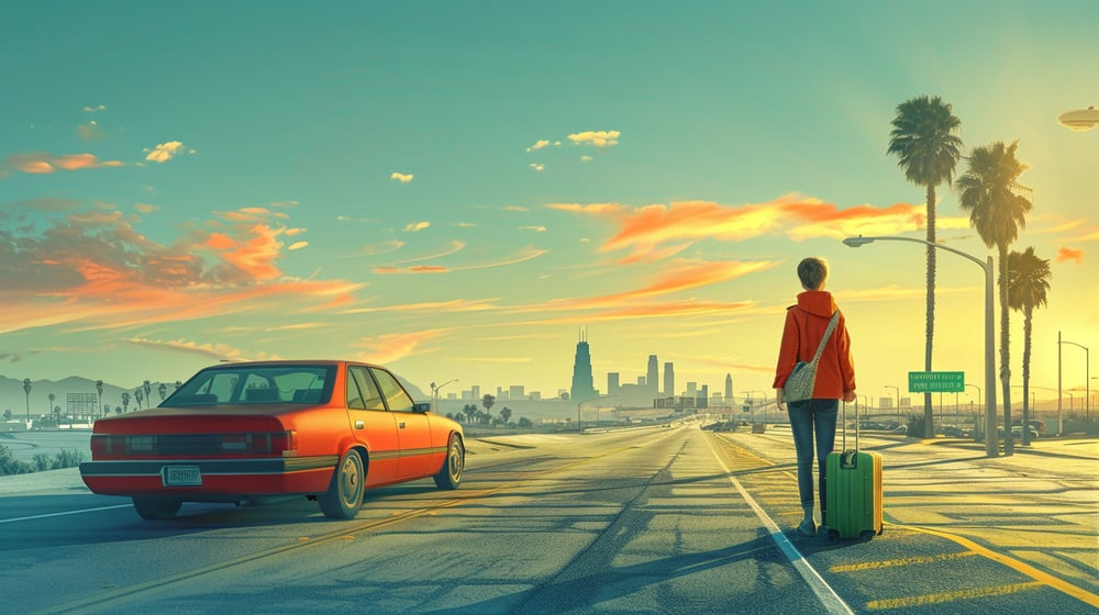Realistic illustration of a modern employee beside a packed car, transitioning between two vibrant U.S. landscapes—symbolizing a move between states with bold colors and visual energy.