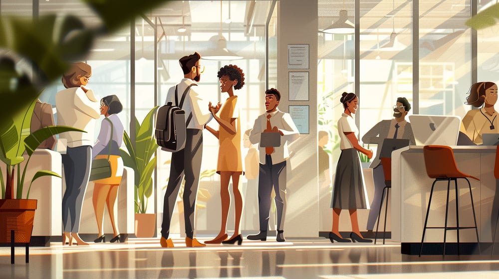 Realistic illustration of a new employee being warmly welcomed by colleagues in a bright, modern office.
