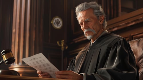 Realistic illustration of a judge in black robes seated at a courtroom bench, reading from a document with a serious expression.