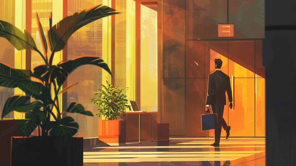 Illustration of a person in office attire walking away from a desk with a small box of personal items, symbolizing quitting their job in a calm, professional setting.
