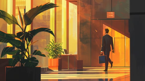Illustration of a person in office attire walking away from a desk with a small box of personal items, symbolizing quitting their job in a calm, professional setting.
