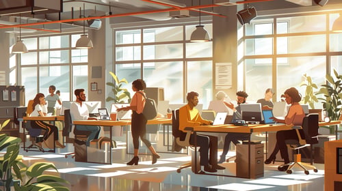 Realistic illustration of several employees working and interacting in a bright, modern open-plan office, with a busy but collaborative atmosphere.