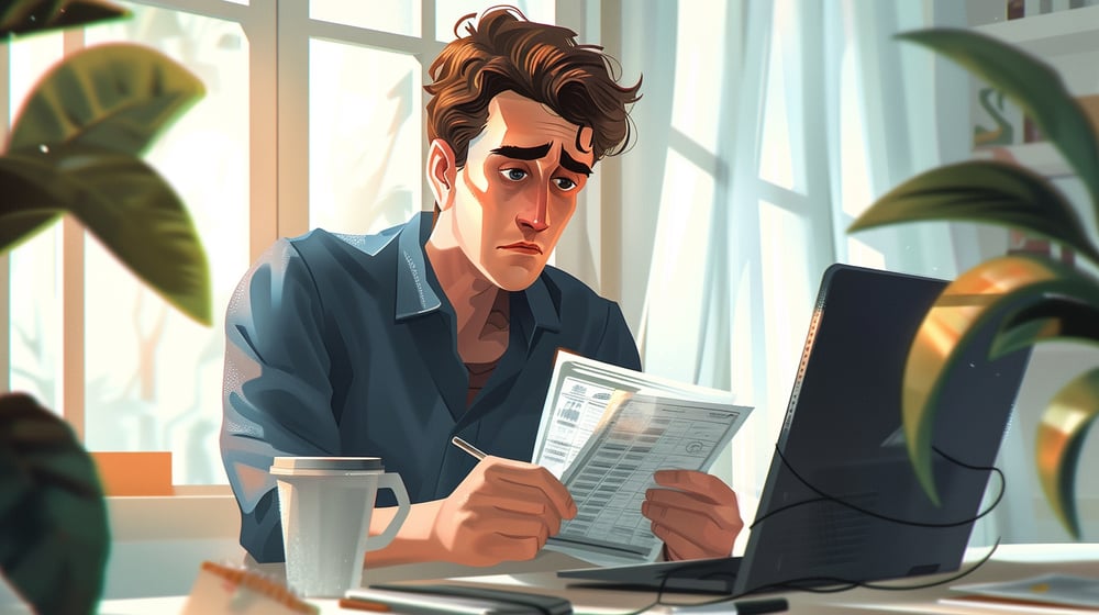 Realistic illustration of a confused employee examining their paycheck at a desk, with a puzzled expression.