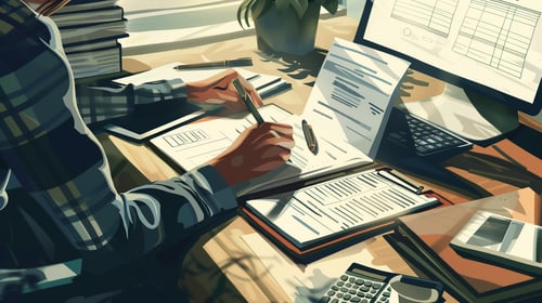 Realistic illustration of an accountant seated at a desk, carefully filling out a ledger.