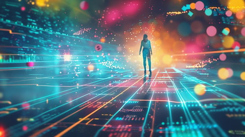 Conceptual digital illustration of a business professional stepping from one glowing platform to another, with data streams and symbols transferring between them.