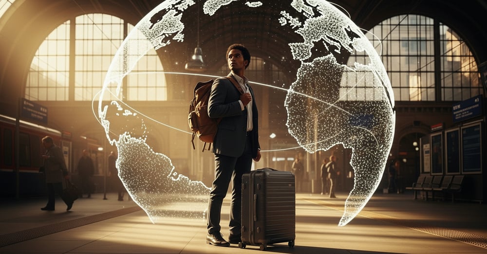 a traveller looks ahead with a global map in the backdrop