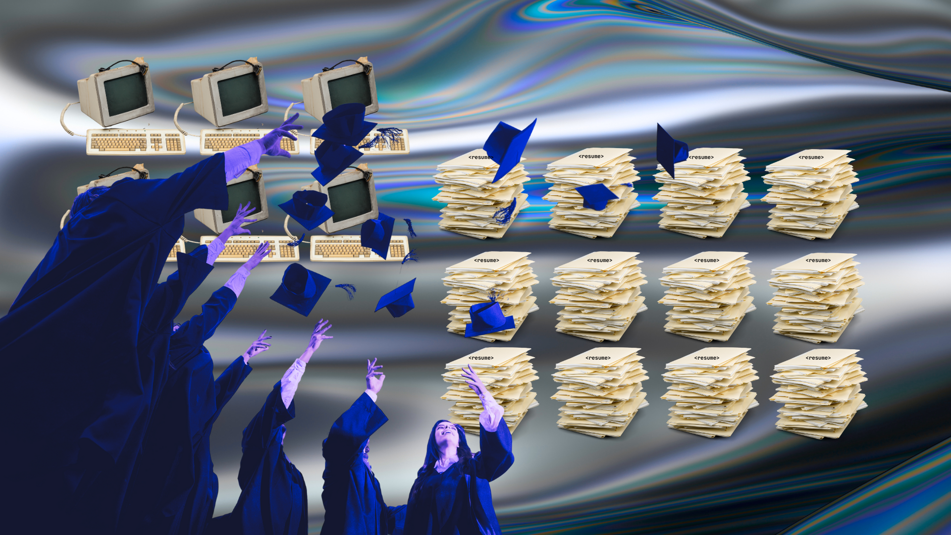 A stylized collage exploring outdated hiring signals. On the left, graduates in glowing blue robes toss their caps toward vintage desktop computers. On the right, résumés are stacked high, suggesting over-reliance on degrees. The swirling digital background hints at the rise of skills-based hiring in a tech-driven world.