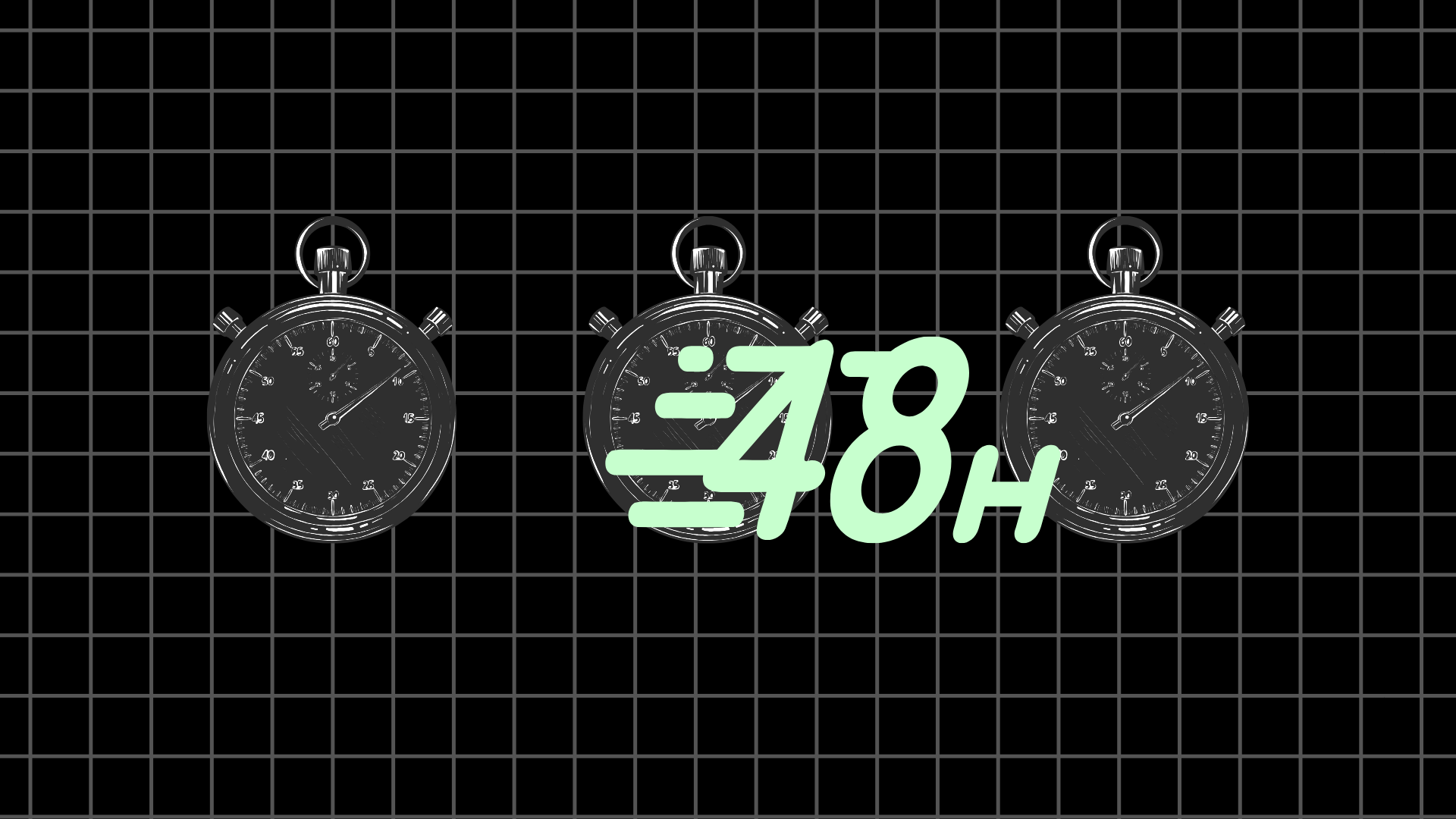 Three silver stopwatch illustrations on a black grid background with a large mint-green “48H” logo in the center, symbolizing a fast performance review process.