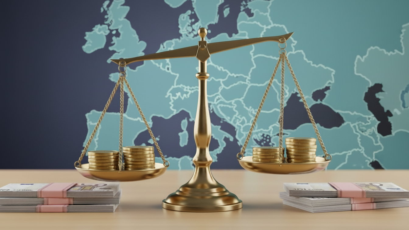 weighing scales with a map of the EU in the background