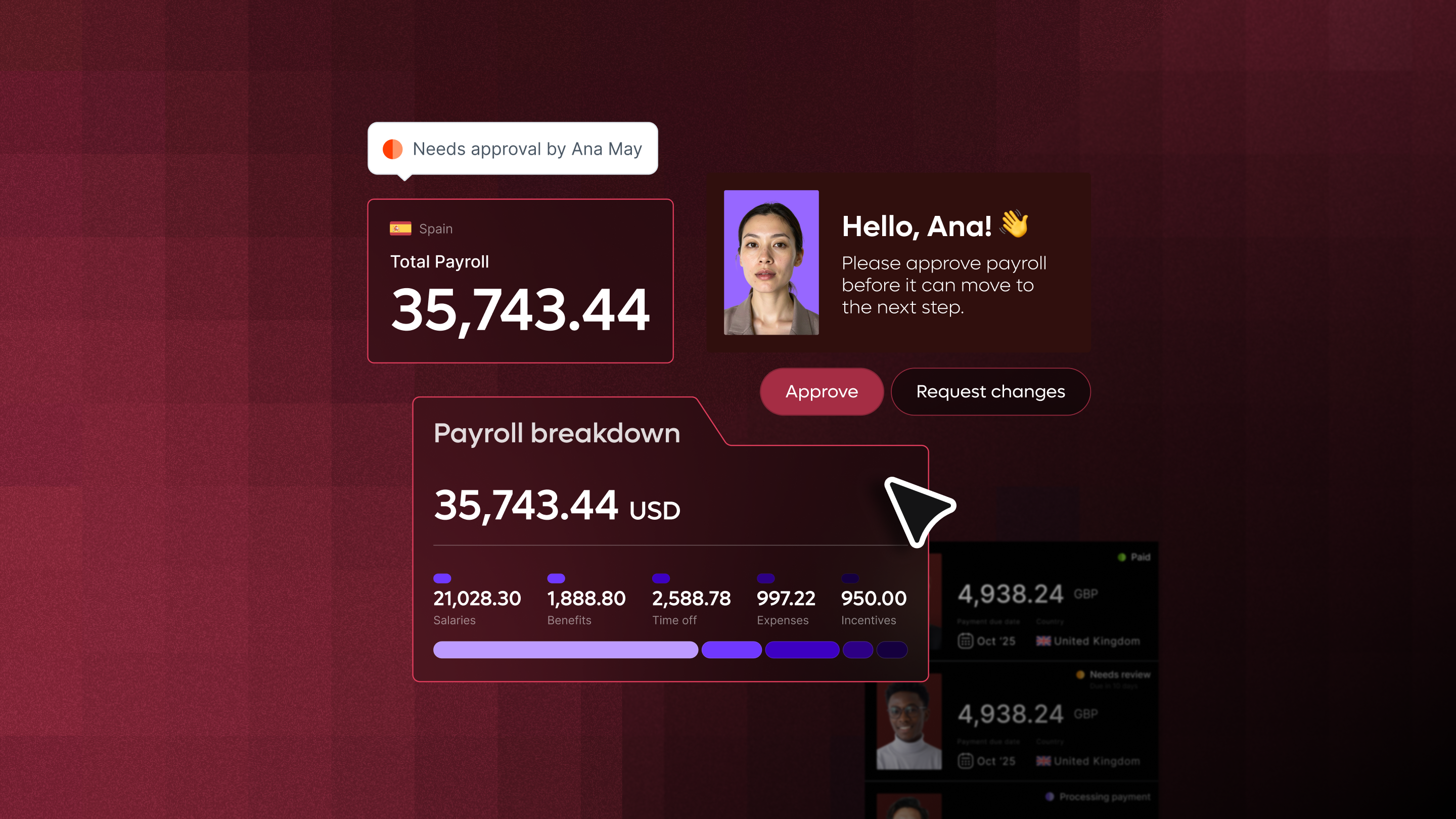 Stylised graphic depicting example screenshots of the Remote Payroll platform.