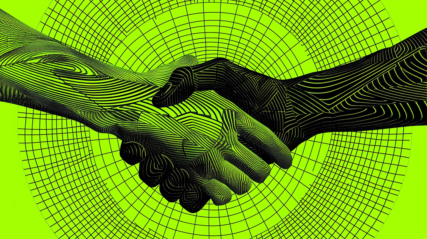 A black and neon green illustration of two stylized hands shaking, set against a warped grid background. The image symbolizes mutual support, trust, and solidarity — a visual representation of global LGBTQ+ inclusion and allyship.
