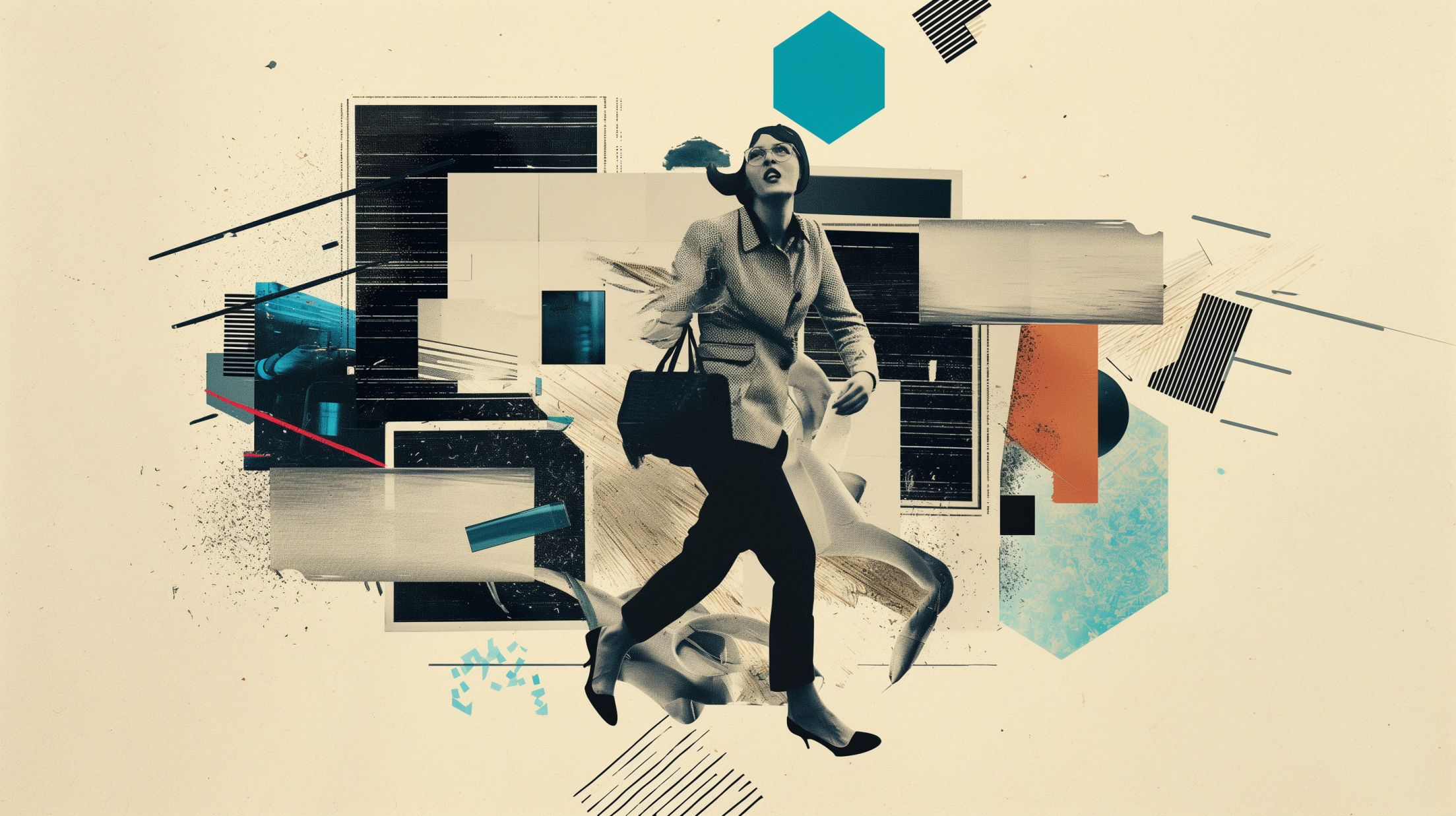 Collage image of businesswoman balancing flexibility and stability