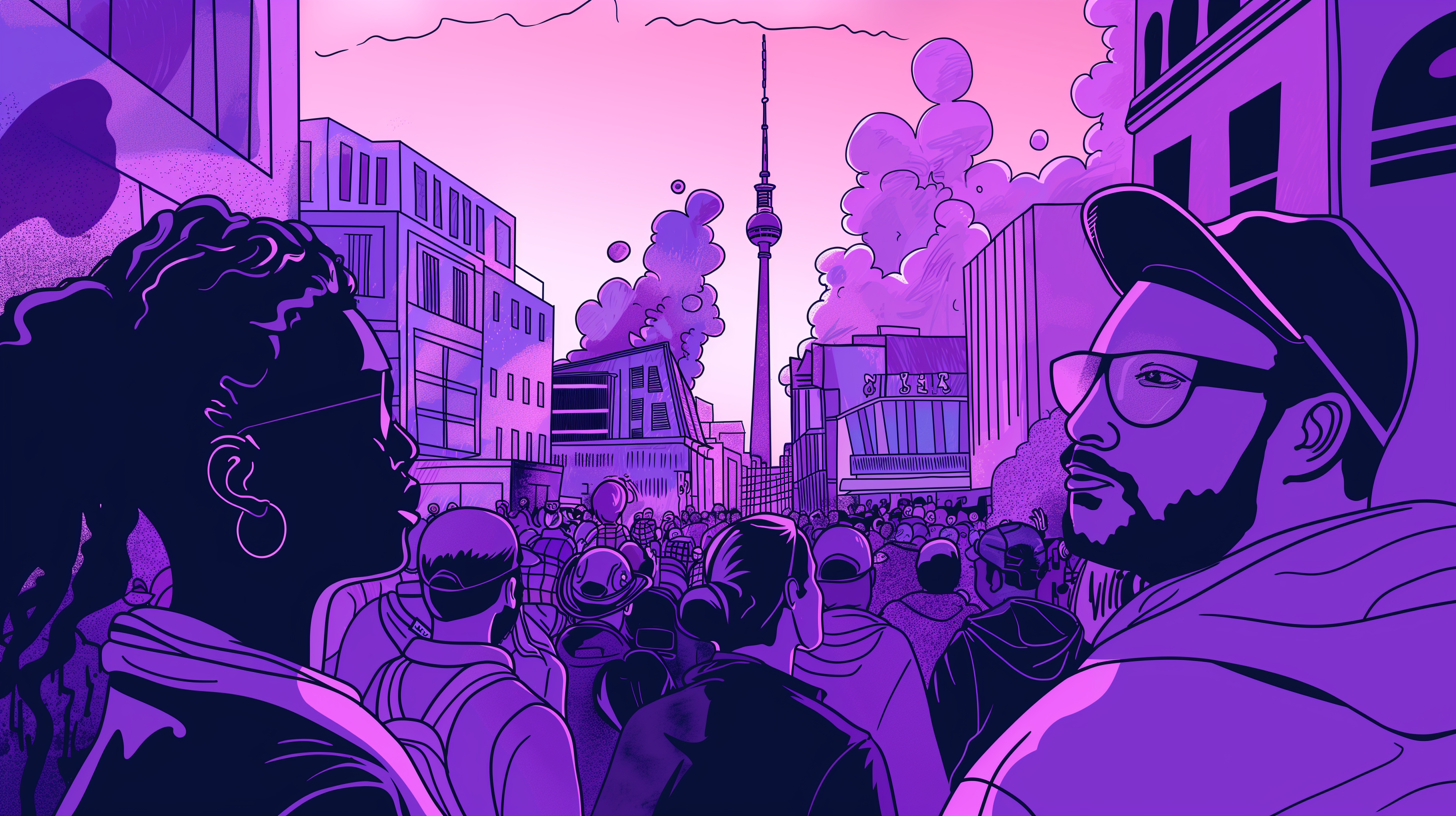 Illustrated purple themed cityscape depicting openness