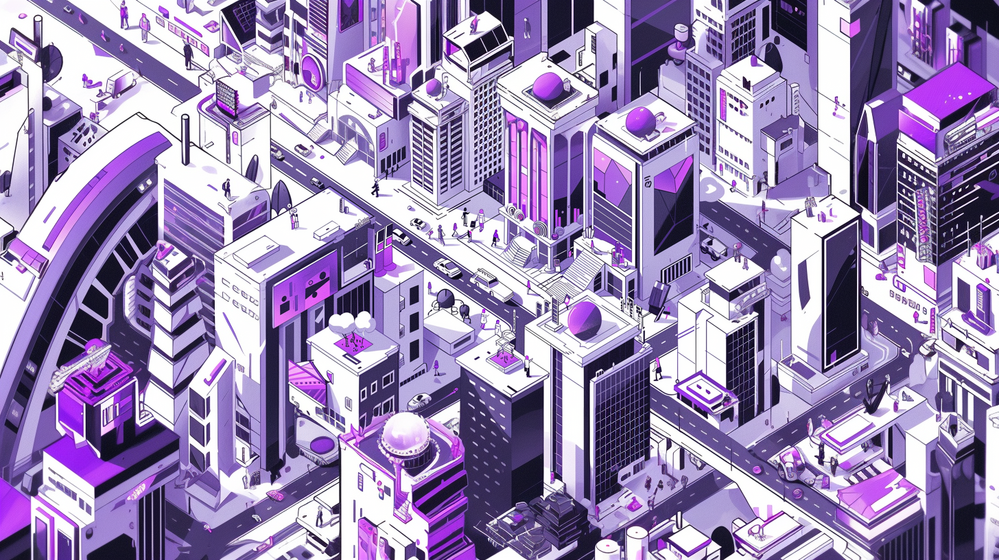Illustration of purple aerial view cityscape