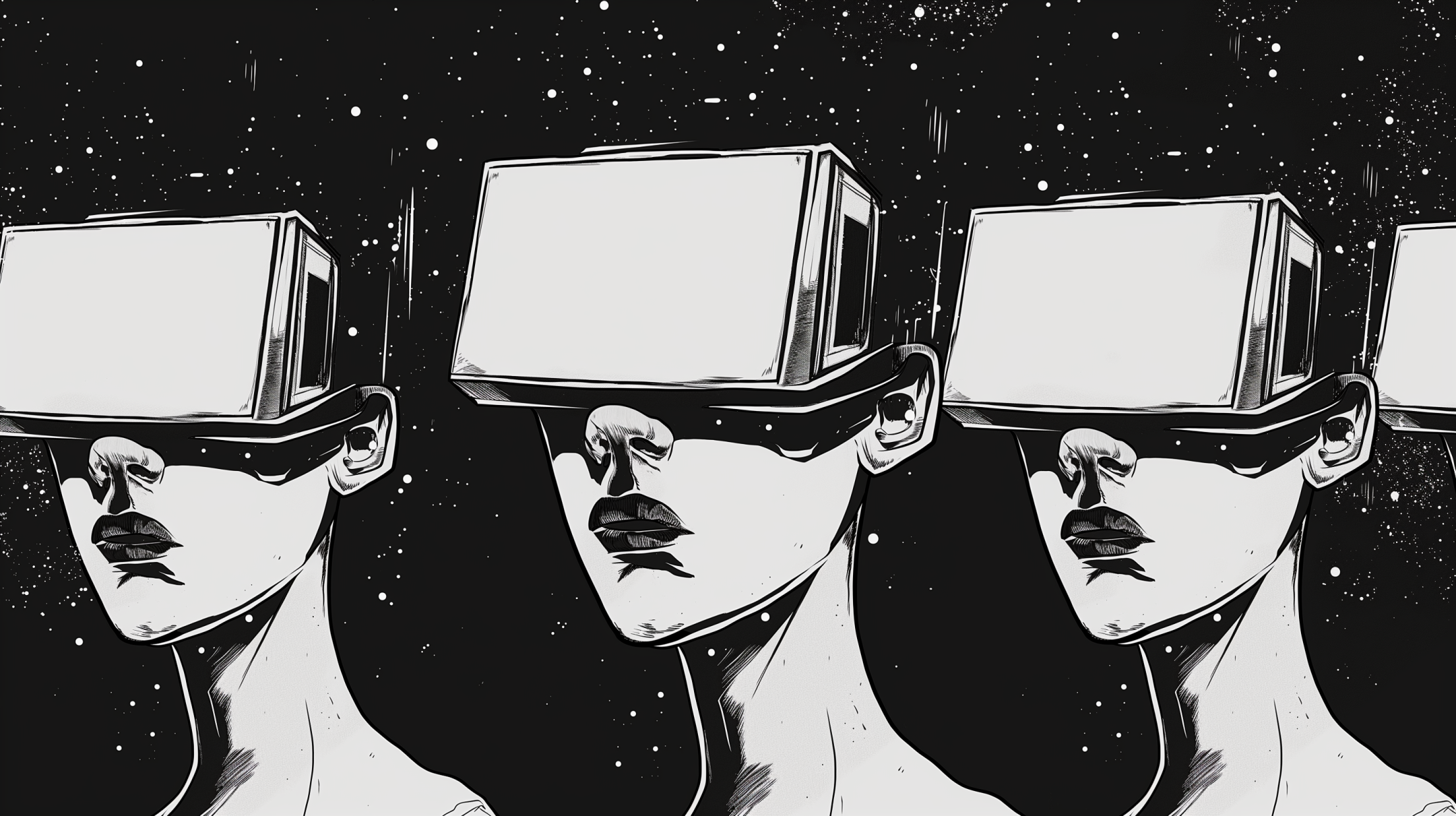 Monochrome illustration of faceless figures wearing VR headsets