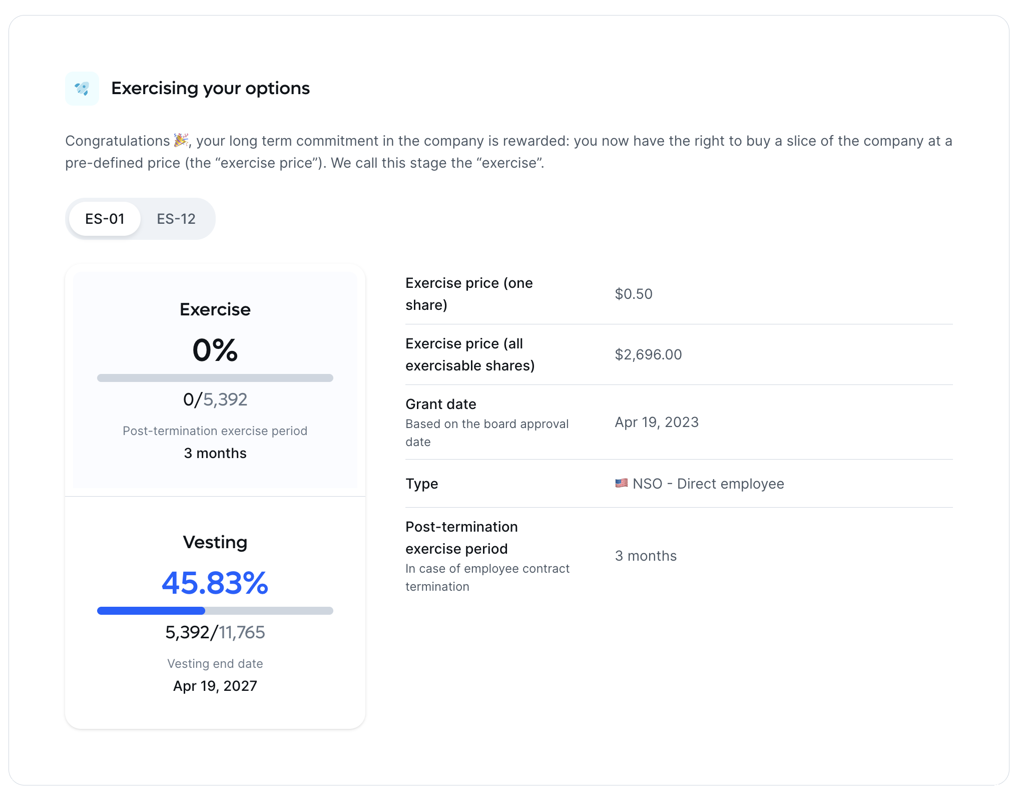 Snapshot of exercise option insights in the Remote Equity Employee Portal