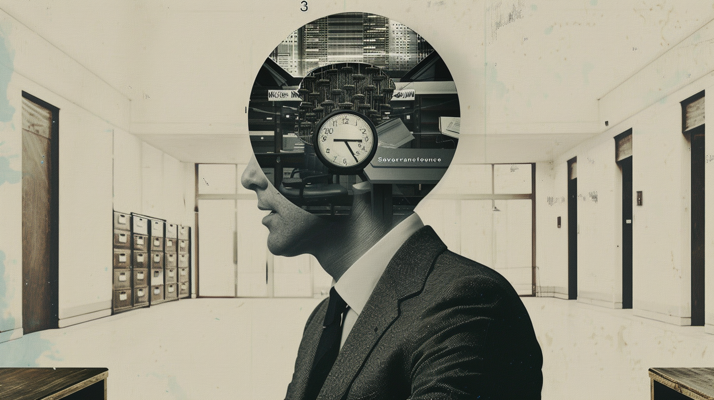 Surreal office worker silhouette with clock and filing cabinets