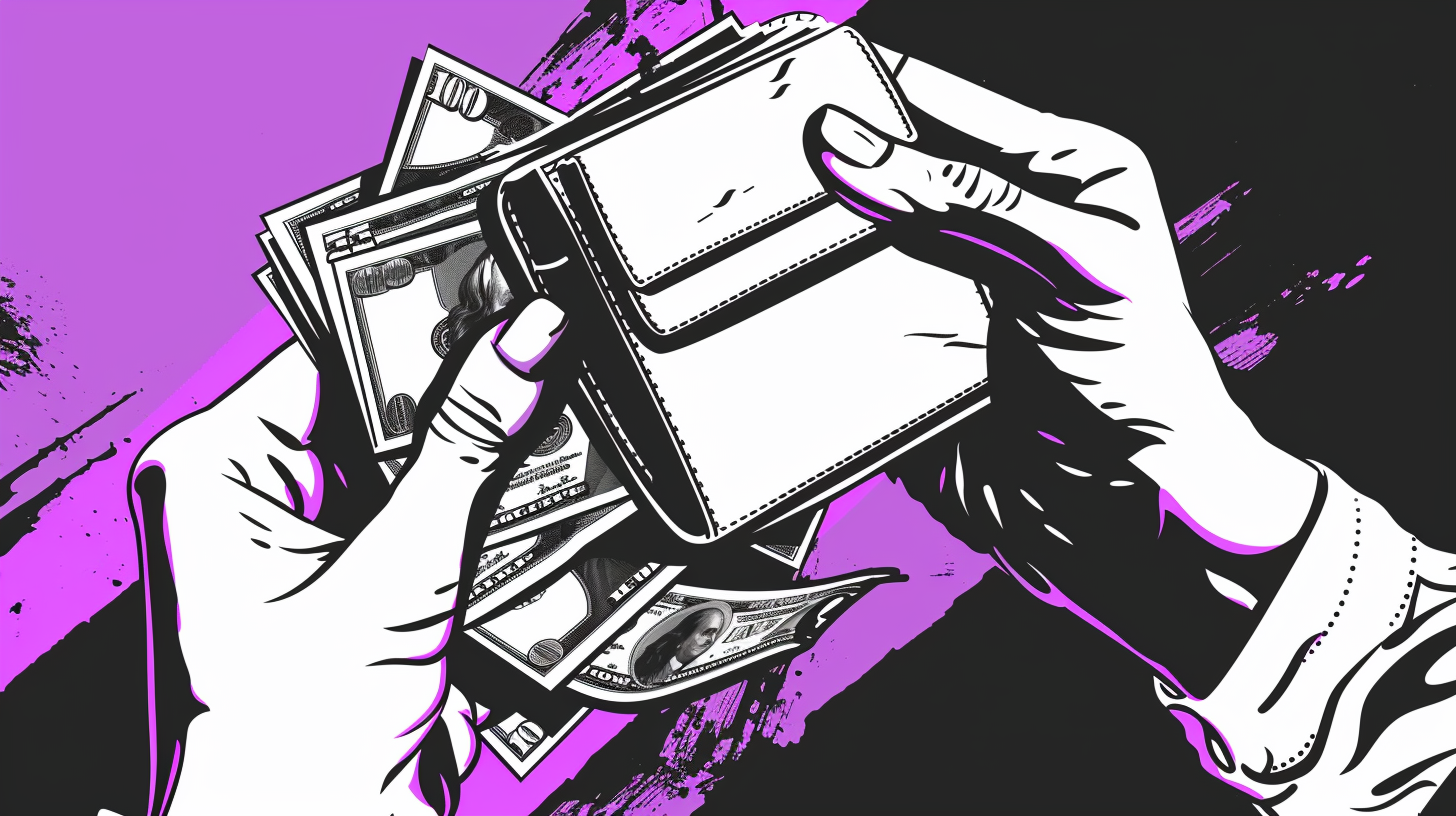 Wallet and cash in hands cartoon